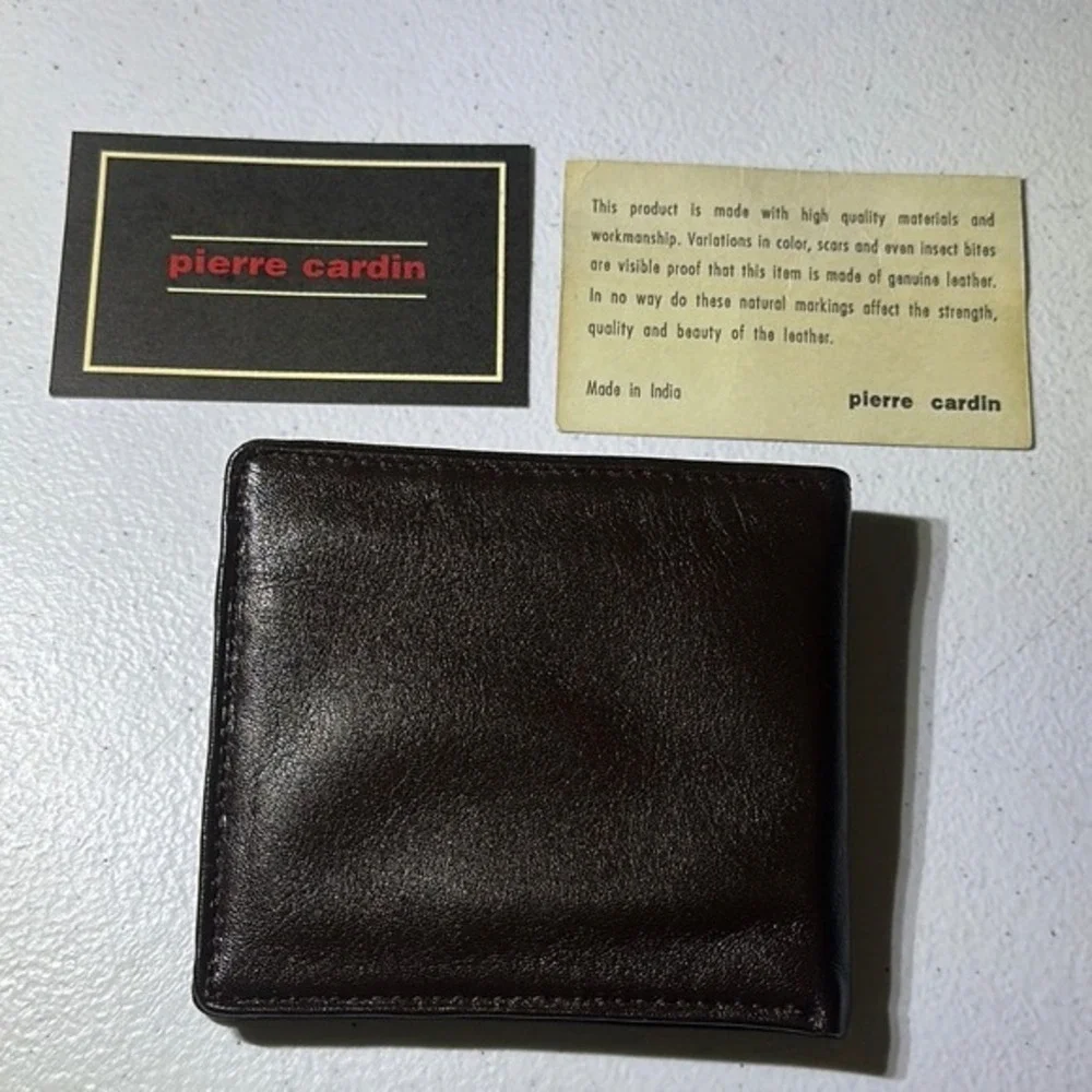 Vintage Pierre Cardin Mens Bifold Wallet Dark Brown Genuine Leather Slim Classic